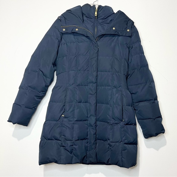 Cole Haan Women's 40" Signature Hooded Taffeta Down Coat Sz S Elastic Waist Navy - Picture 4 of 15